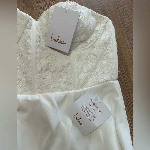 Lulu’s Perfect Vows White,  Lace Bustier Strapless Maxi Dress **see description - Picture 6 of 16